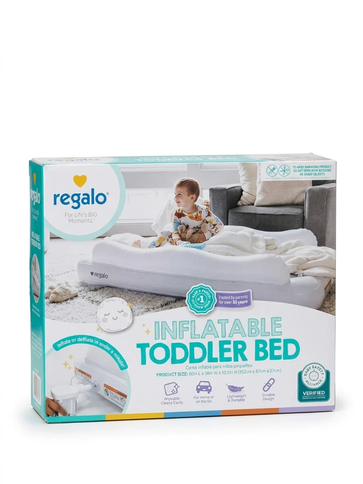 REGALO INFLATABLE TODDLER BED: Regalo inflatable toddler bed,toddler sleepover air bed, inflatable bed with guardrails, Regalo travel bed, kids inflatable mattress, portable blow up bed for toddlers, 