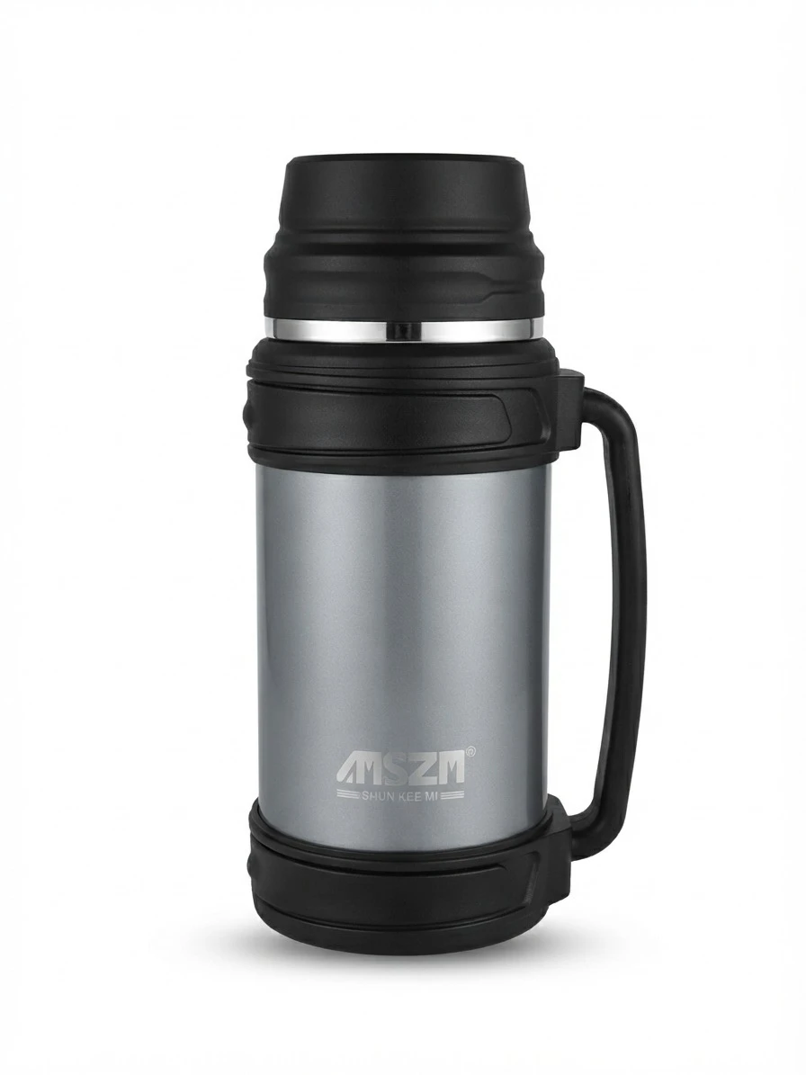 MSZM PREMIUM METALLIC GREY VACUUM THERMOS FLASK: MSZM AMS-4070 Vacuum Flask, Metallic Grey Thermos, Stainless Steel Thermal Bottle with Handle, Office Coffee Thermos, MSZM Insulated Travel Flask