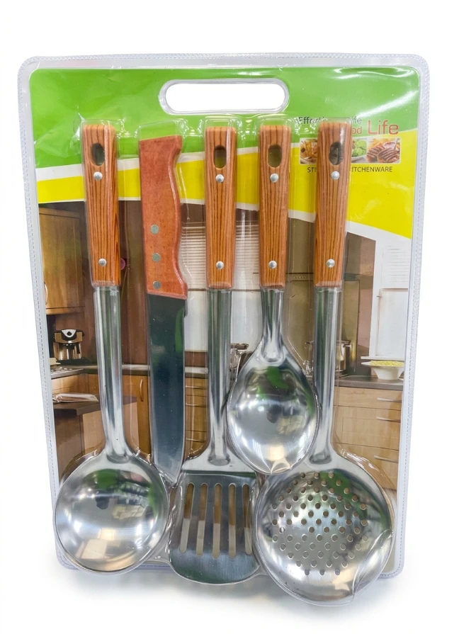 LIFE SPOON SET 5PCS: Stainless Steel Cooking Utensils, Wooden Handle Cooking Tools, Skimmer Spoon and Serving Ladle, Stainless Steel Kitchen Tool Set, Kitchen Cooking Utensil Set, Faux Wood Handle Ute