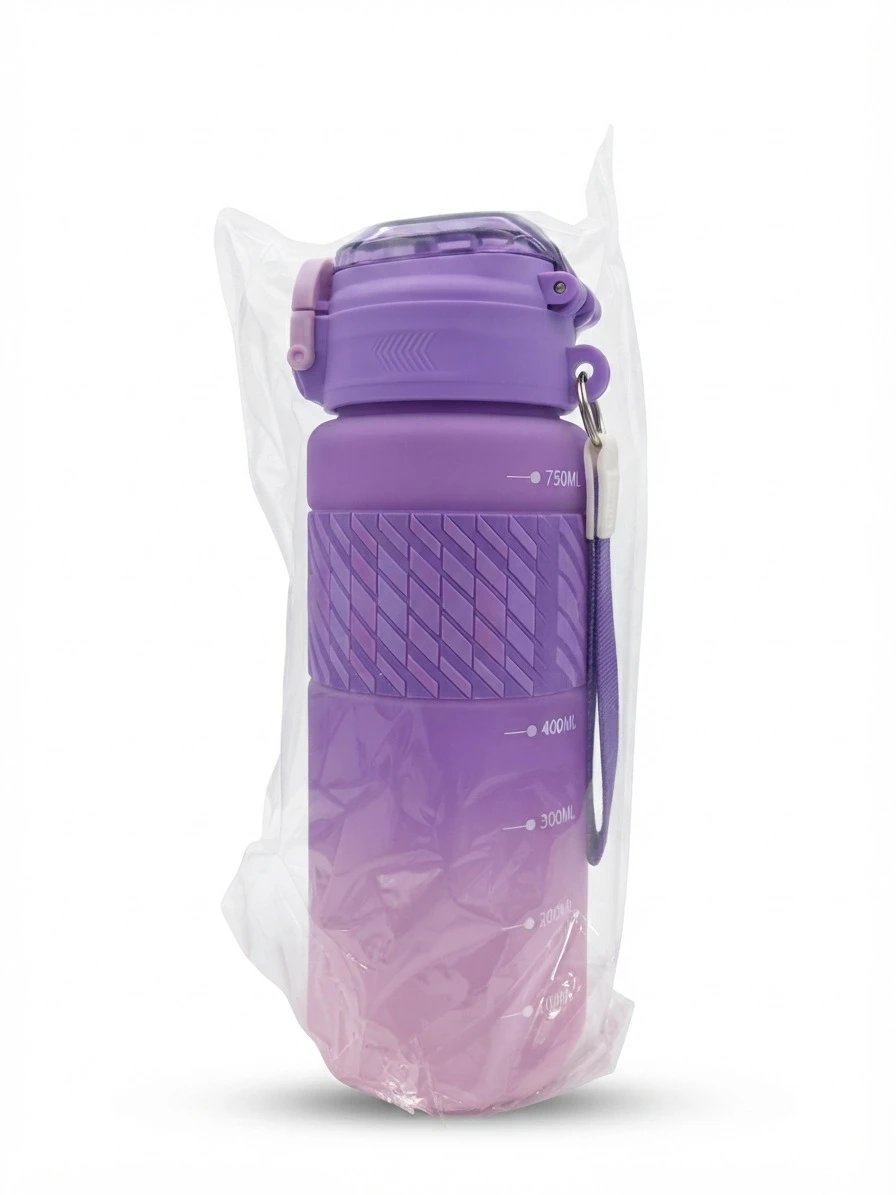 PURPLE OMNI GRADIENT MOTIVATIONAL SPORT BOTTLE WITH TIME MARKINGS: Purple Sport Water Bottle, Motivational Water Bottle with Markings, Purple Ombre Gym Bottle, Water Bottle with Silicone Sleeve, 750ml