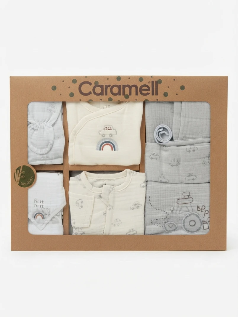 CARAMELL 10PCS NEWBORN SET: Caramell, Baby Clothing Set, Bamboo Muslin Set, Newborn Gift Box, Car and Rainbow Theme, Baby Essentials, Infant Cotton Wear, Baby Shower Gift