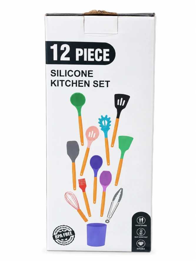 12PCS SILICON KITCHEN UTENSILS SET: 12 Piece Silicone Utensil Set, Wooden Handle Cooking Utensils, Heat Resistant Utensil Set, Kitchen Utensil Set with Holder, Non Stick Cookware Utensils, Countertop 