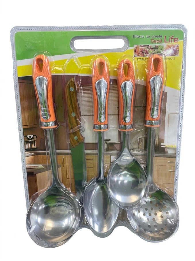 LIFE SPOON SET 5PCS: Stainless Steel Cooking Utensils, Wooden Handle Cooking Tools, Skimmer Spoon and Serving Ladle, Stainless Steel Kitchen Tool Set, Kitchen Cooking Utensil Set, Faux Wood Handle Ute
