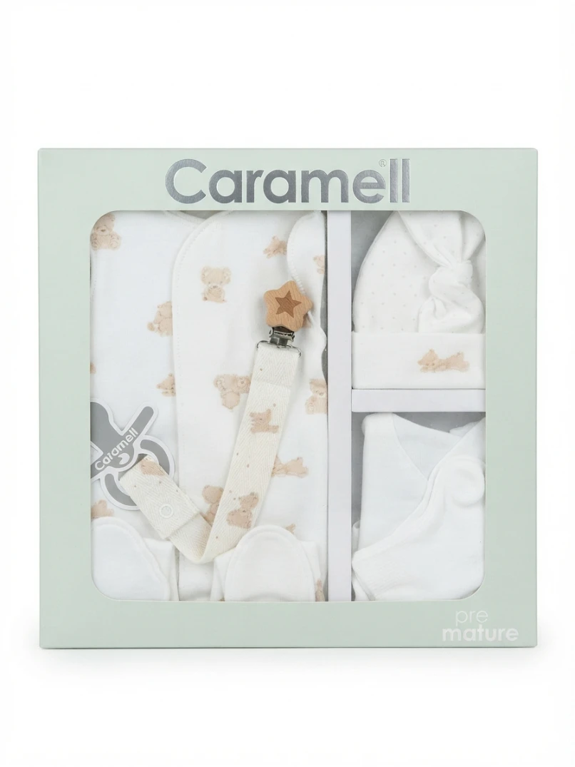 CARAMELL 3IN 1 BABY GIFT SET: Caramell, Pre-Mature Baby Set, Preemie Baby Clothes, Newborn Gift Box, Teddy Bear Print, Baby Care Essentials, Soft Cotton Baby Wear, Baby Shower Gift
