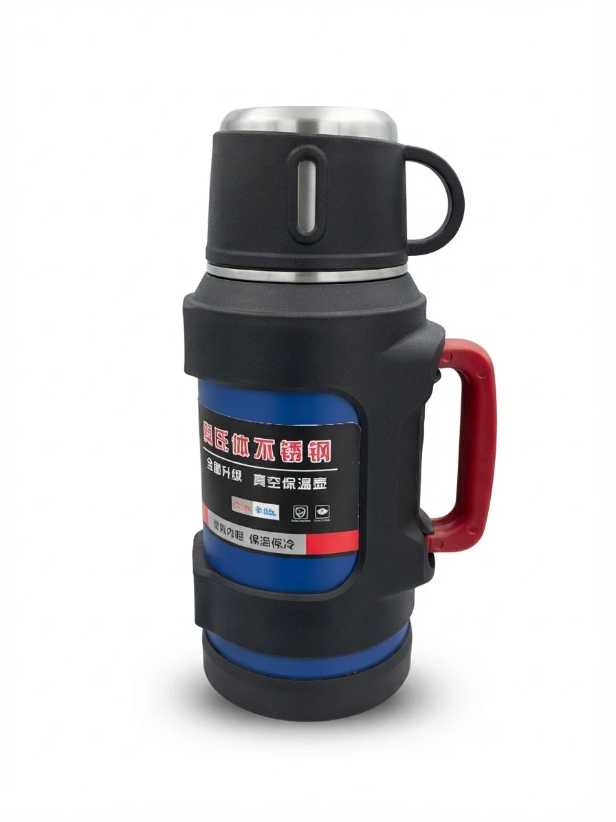 HEAVY-DUTY STAINLESS STEEL VACUUM THERMOS FLASK WITH HANDLE & CUP: Vacuum Thermos Flask, Heavy Duty Stainless Steel Thermos, Blue Outdoor Thermal Flask, Insulated Travel Bottle with Handle, Rugged Wor